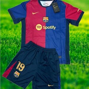 Lamine Yamal #19 Youth Nike Soccer Kit Jersey + Shorts Kids Soccer Sets (SMALL)